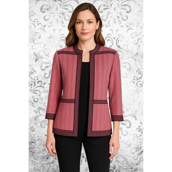 Ming Wang Womens M Open Front Knit Jacket Pink Black Trim Textured Blazer - Picture 1 of 10